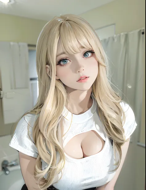 Blonde woman with big breasts posing in bathroom, long blonde hair and large eyes, long blonde hair and large eyes, with long blonde hair, long white hair and bangs, real life anime girl, with white long hair, Belle Delphine, light milky white porcelain sk...