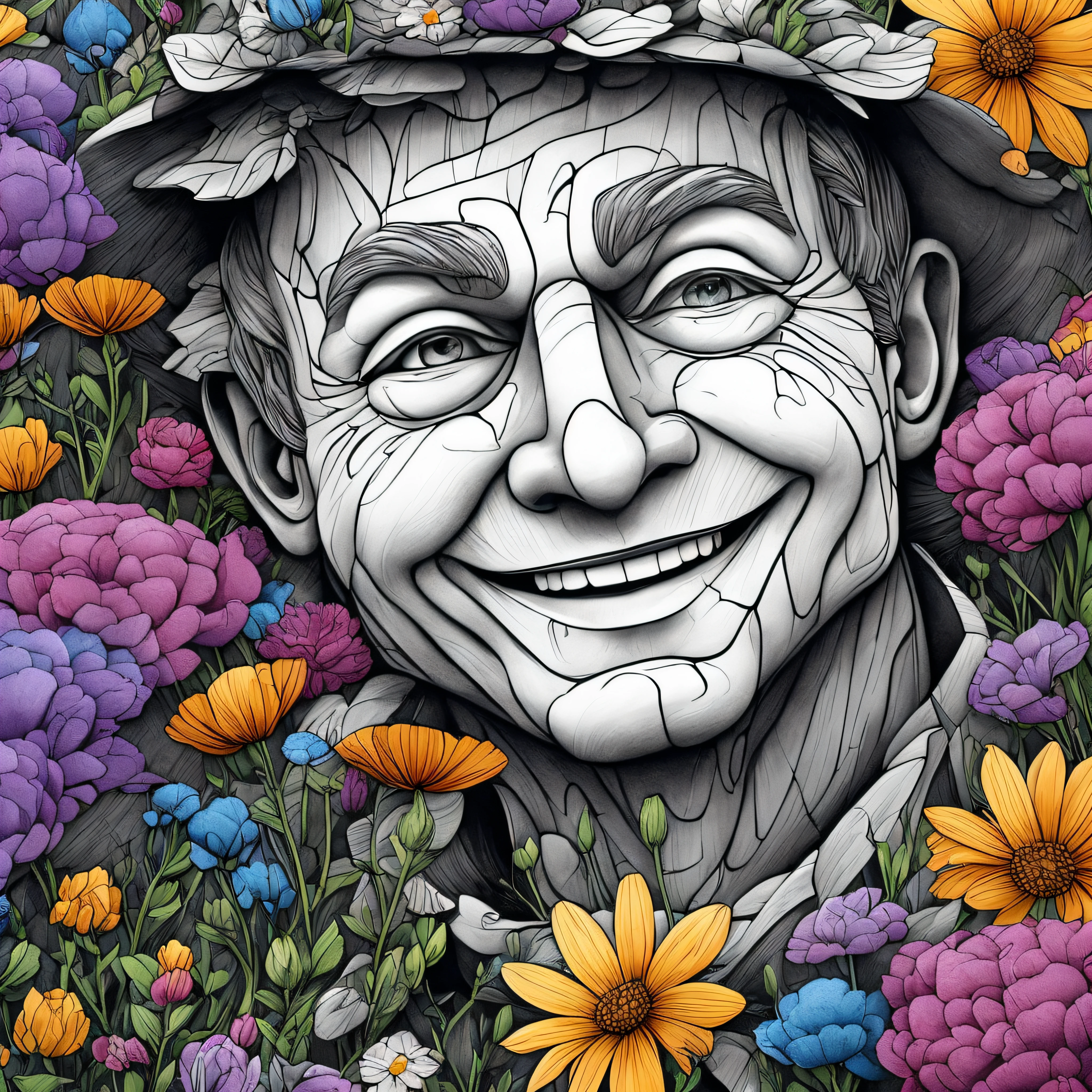 There is a drawing of a man with a hat and flowers, por Ron English, sorriso detalhado, fantasy art smug smile man, humanoides cobertos de flores, smug smirk, rosto floral, obras de arte impressionantes, inspirado em Ron English, full bloom, coberto de flores, Animatrônico Bill Murray, smug smirk, cheio de flores, arte deslumbrante