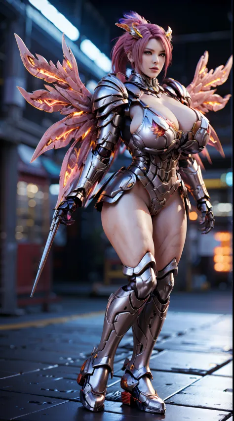 HUGE FAKE BOOBS, PONYTAIL, (RED, BLACK), MECHA DRAGON ARMOR, FUTURISTIC ARMOR, (CLEAVAGE), ((LARGEST MECHANICAL PHOENIX WINGS)), (TALL LEGS), (STANDING), SEXY BODY, MUSCLE ABS, UHD, 8K, 1080P.