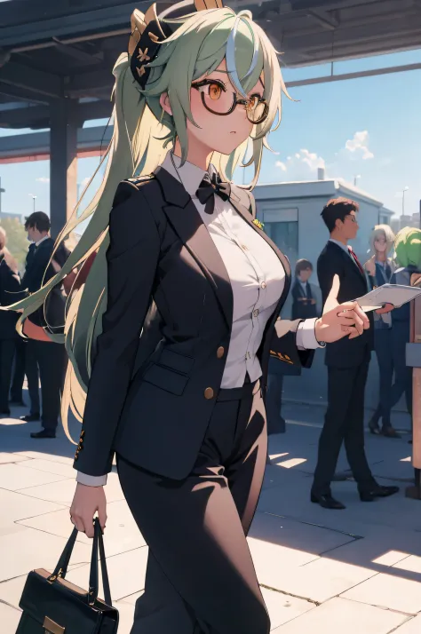 (masterpiece, best quality, detailed),1girl,sucrosedef,green hair,in a business suit with a handbag, smooth anime cg art, detail...
