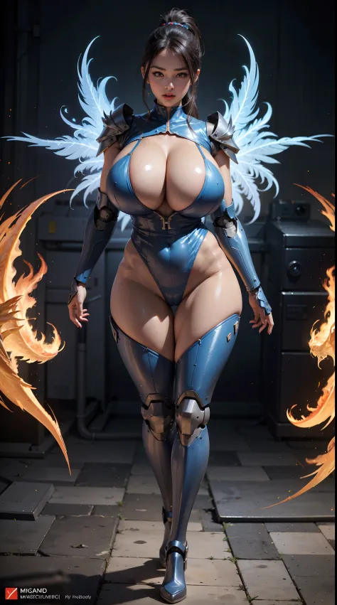 HUGE FAKE BOOBS, PONYTAIL, (BLUE, BLACK), MECHA DRAGON ARMOR, FUTURISTIC MECHA SUIT, (CLEAVAGE), ((LARGEST MECHANICAL PHOENIX WINGS)), (TALL LEGS), (STANDING), SEXY BODY, MUSCLE ABS, UHD, 8K, 1080P.
