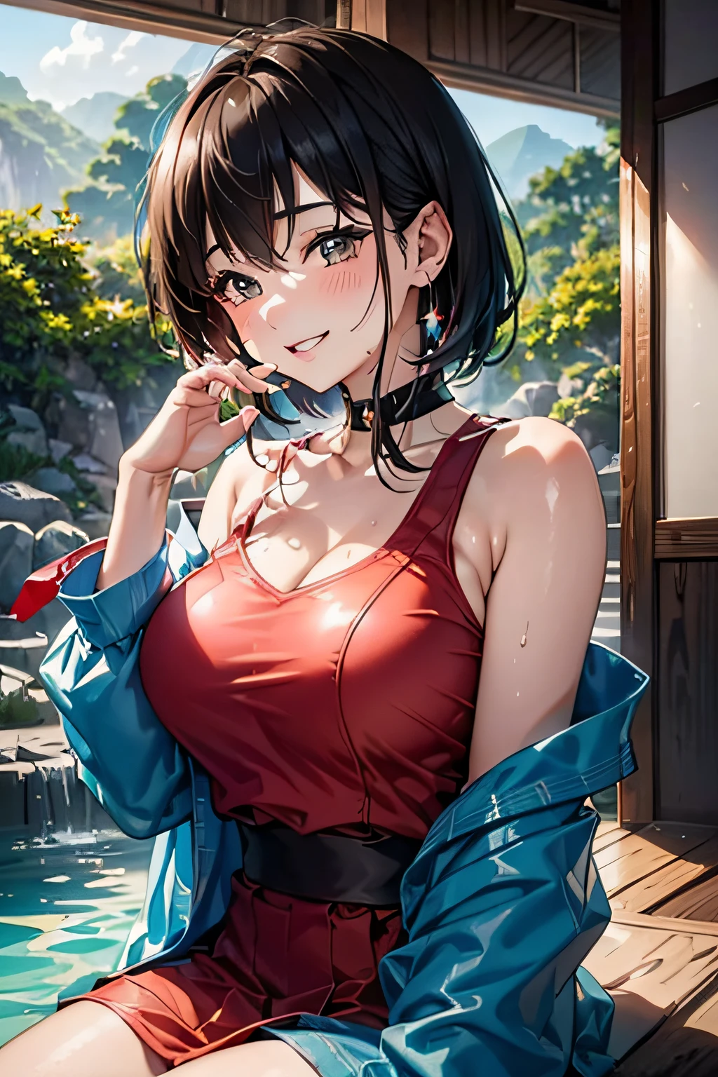 Hot spring resorts in Japan,(Hot water smoke to prevent visibility,Steaming steam,water vapour:1.3),(Rock bath open-air bath:1.3),(Take a deep shoulder soak in the open-air bath:1,3),Blushing cheeks、shyly smile、(beautiful a girl)、(short hair of red-brown color、hair pin、poneyTail、Floating hair、)Colossal 、Blush with embarrassment、Enraptured eyes、A smile that beguiles the viewer、Look into the photographer、skin glistening with sweat、gazing at viewer、Upper body naked、,48 years old Shirtless、a necklace、piercings、pointed red mouth,Perfect round face,,Proper body proportion,Intricate details,Very delicate and beautiful hair,photos realistic,Dreamy,Professional Lighting,realistic shadow,Solo Focus,Beautiful hands,Beautiful fingers,Detailed finger features,detailed clothes features,Detailed hair features,detailed facial features,(masutepiece,top-quality,Ultra-high resolution output image,) ,(The 8k quality,),(Image Mode Ultra HD,)