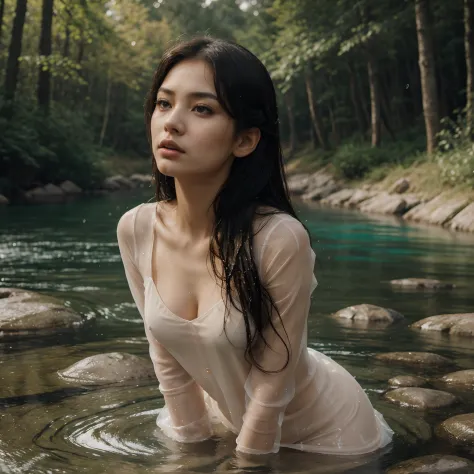full body photo:2, 1girl, asian, getting out of the water, centered, wet:2, raining:1, wet hair, wet body, soaked, soaking wet clothes, face close up, wearing a translucent glitter dress:1.8, (best quality, highres, masterpiece:1.2), ultra-detailed, realis...