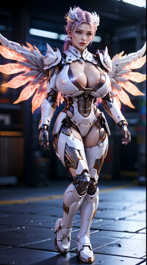 HUGE FAKE BOOBS, PONYTAIL, (WHITE, BLACK), MECHA DRAGON ARMOR, FUTURISTIC MECHA SUIT, (CLEAVAGE), ((LARGEST MECHANICAL PHOENIX WINGS)), (TALL LEGS), (STANDING), SEXY BODY, MUSCLE ABS, UHD, 8K, 1080P.