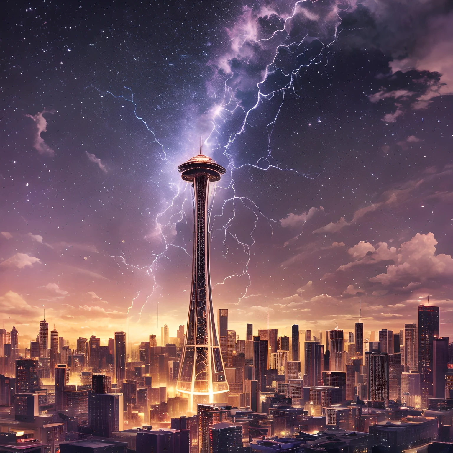 Isekai Space Needle、Space Needle der nahen Zukunft、Space Needle、Wahrzeichen、Gewitterwolken、Blitz、Donnerstil, einfacher lila Hintergrund,　Die Space Needle schwebt im Nachtblick über Seattle、Fantasy-Kunst,