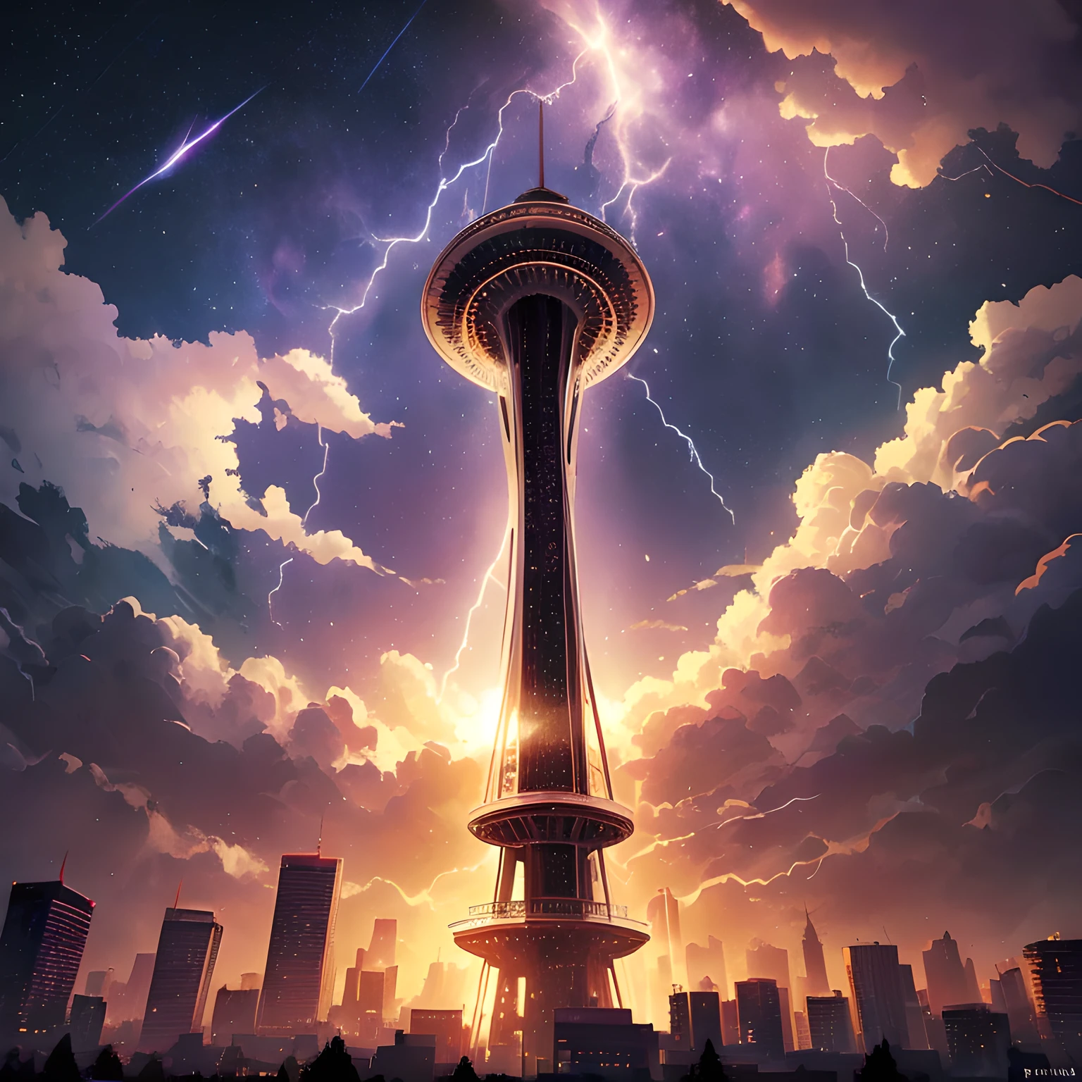 Isekai Space Needle、Space Needle of the near future、Space Needle、landmark、thunder clouds、lightning bolt、thunderstyle, simple purple background,　Space Needle floating in the night view of Seattle、fantasy art,