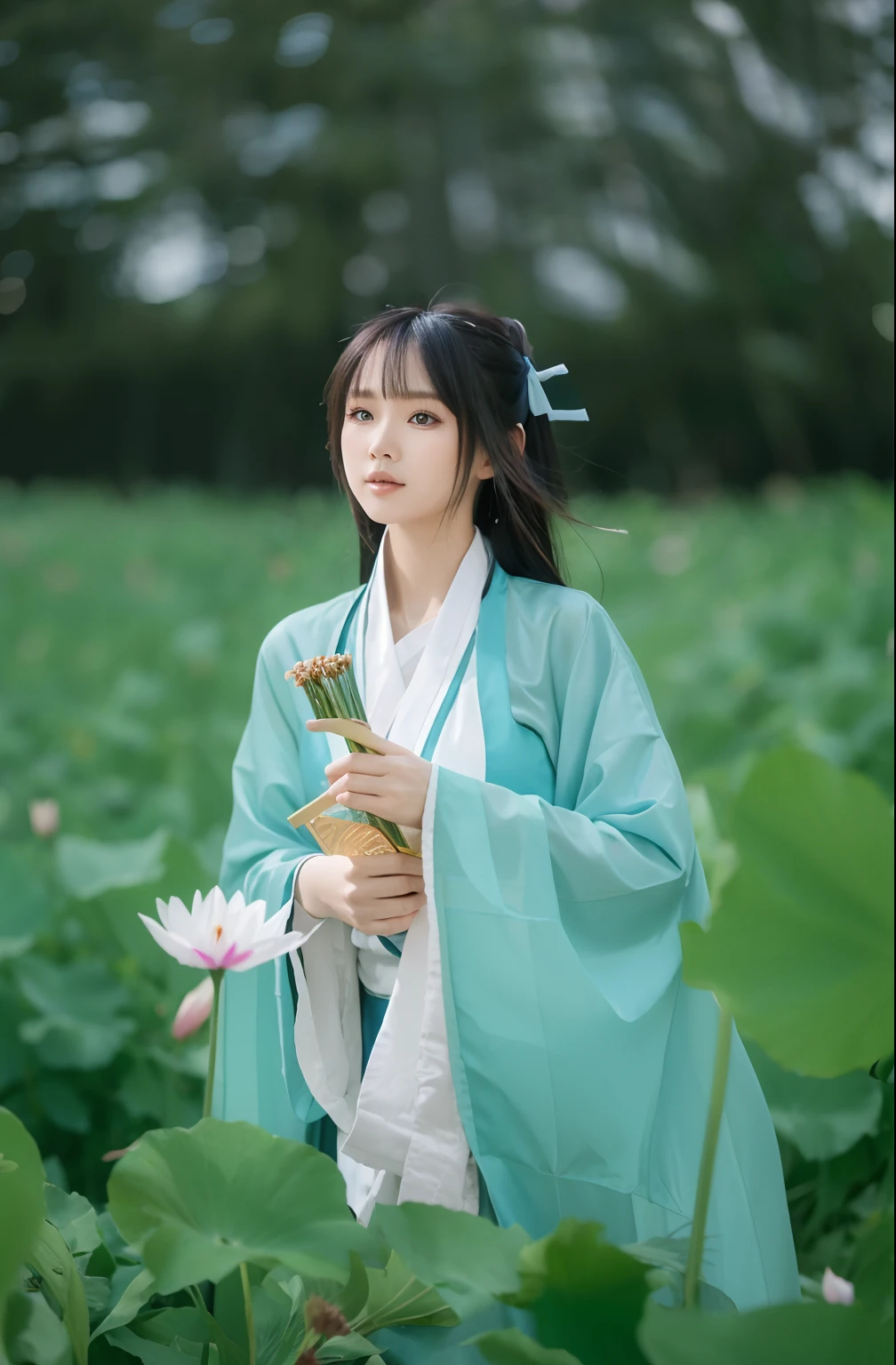 Arad woman in blue kimono standing in a flower field, Hanfu, Palace ， A girl in Hanfu, Wearing ancient Chinese clothes, with acient chinese clothes, White Hanfu, Traditional Chinese clothing, dressed in simple robes, wearing a long flowing robe, flowing hair and long robes, wearing a long flowing robe, dressed in a green robe