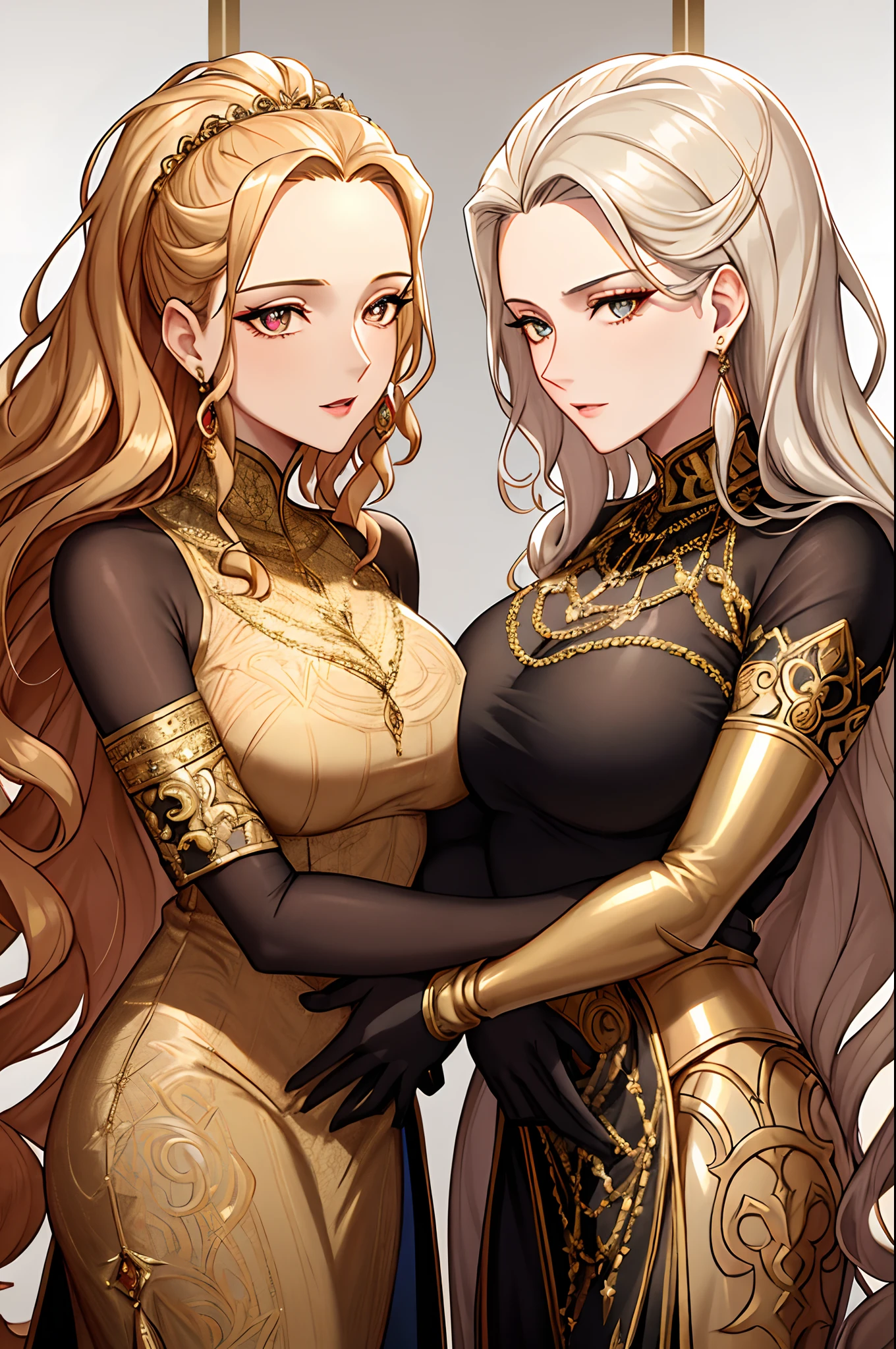 2 women aligned, (confrontation), (looking at viewer), jewel, gorgeous, splendid, luxurious, aristocrat, noble, arrogant, (golden), goddess, queen, curly hair, forehead, mature women, embroidery, white satin dress and gloves and cape, gleaming skin, detailed pupils, perfect eyes, (((face focus))), Simple Background, best quality, high resolution, all intricate,