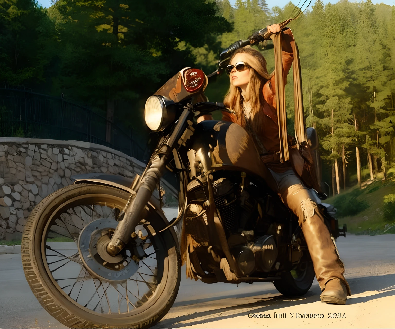 Blond woman sitting on a motorcycle with a wooden frame - SeaArt AI