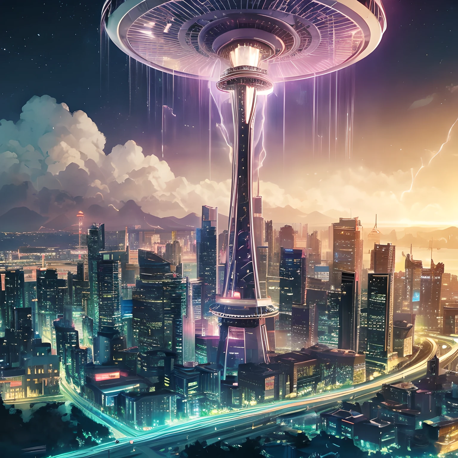 Isekai Space Needle、Space Needle der nahen Zukunft、Space Needle、Wahrzeichen、Gewitterwolken、Blitz、Donnerstil, einfacher lila Hintergrund,　Die Space Needle schwebt im Nachtblick über Seattle、Fantasy-Kunst, Die leuchtende Space Needle、Fantasiewelt der Stadtlandschaft von Seattle、von unten, Nacht Sinn, Nachtansicht der Stadt,