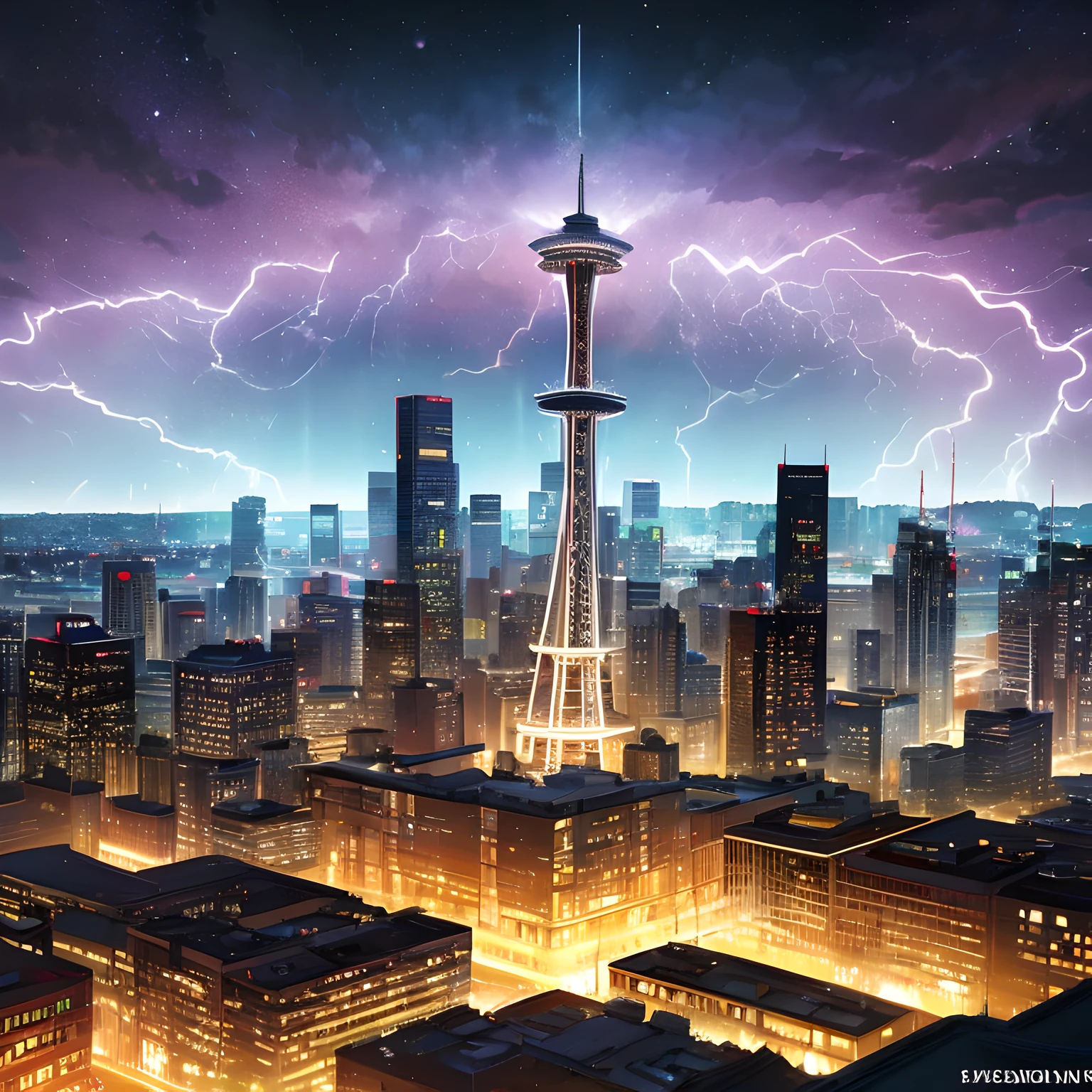 Isekai Space Needle、Space Needle of the near future、Space Needle、landmark、thunder clouds、lightning bolt、thunderstyle, simple purple background,　Space Needle floating in the night view of Seattle、fantasy art, The glowing Space Needle、Fantasy world of Seattle cityscape、from below, night sence, night city view, Composition with emphasis on the presence of the Space Needle、