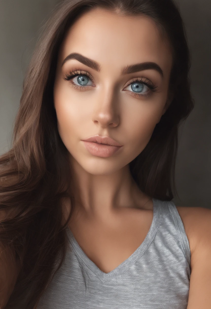 A woman with long brown hair and blue eyes posing for a picture - SeaArt AI