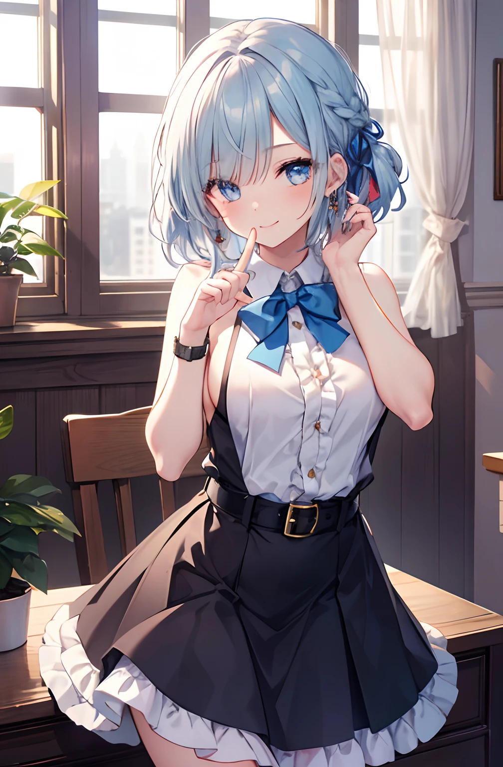 Anime girl with blue hair and a black skirt posing for a picture - SeaArt AI