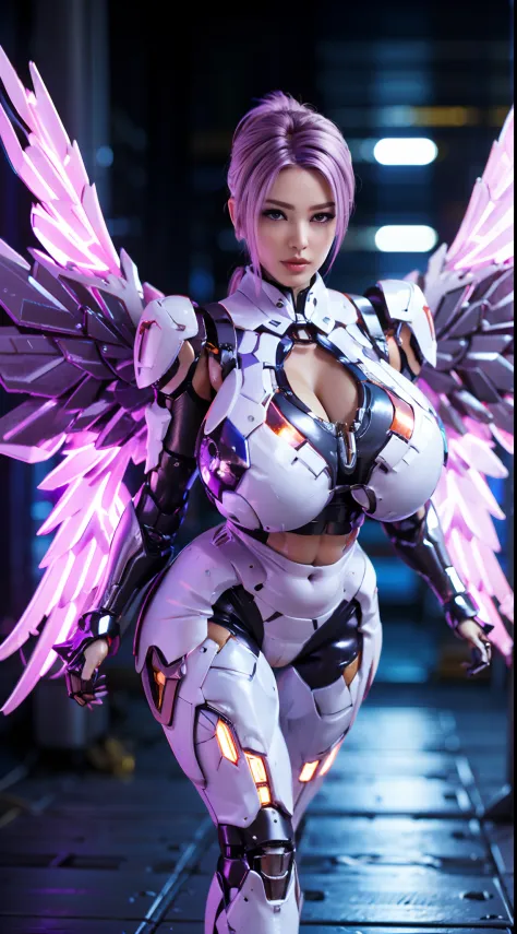 HUGE FAKE BOOBS, FRONT BANGS PONYTAIL, (BEAUTY PURPLE, WHITE), SEXY MECHA ARMOR, (CROP TOP), (SKINTIGHT YOGA PANTS), FUTURISTIC MECHA SUIT, (CLEAVAGE), ((THE BIGGEST MECHANICAL WINGS)), (TALL LEGS), (LOOKING AT VIEWER), (STANDING), SEXY BODY, MUSCLE ABS, U...