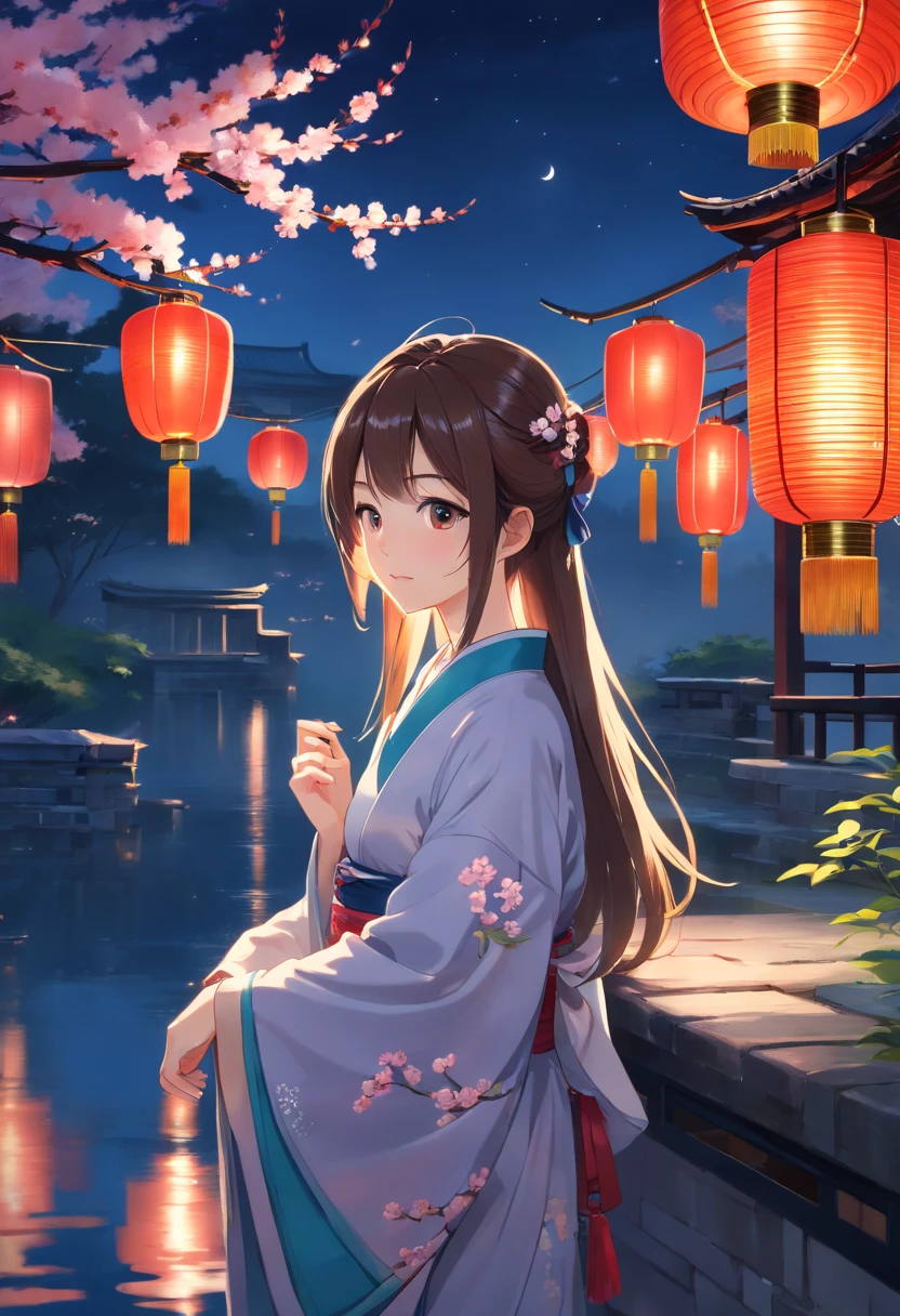 (best quality,4k,8k,highres,masterpiece:1.2),ultra-detailed,(realistic,photorealistic,photo-realistic:1.37),
moonlit night,starry sky,chinese woman,chinese traditional white dress,long flowing hair,teary eyes,wistful look,holding a little rabbit,
in a chinese ancient architecture, serene ambiance,chinese lanterns in the background,cherry blossom trees,chinese calligraphy on the walls,
gentle breeze,quietness,timeless beauty,full moon radiance,delicate details,ethereal atmosphere,captivating scene,colorful lanterns,
subtle shadows,faint moonlight illuminating,reflections on the water,peaceful surroundings,tranquility,serenity,Night view of a Chinese garden