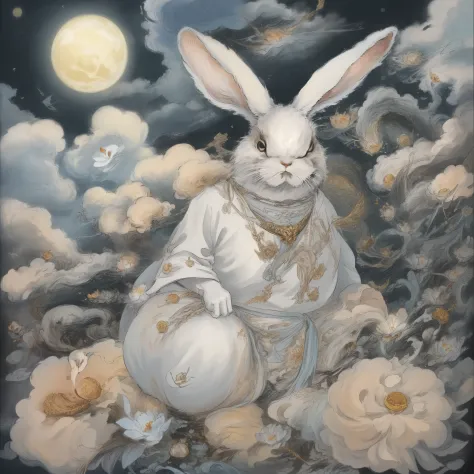 yamazawa， themoon， clouds， skysky， smart rabbit，painting of a（curly）， natta， jewely， traditional media，  fresh flowers，
high hig...