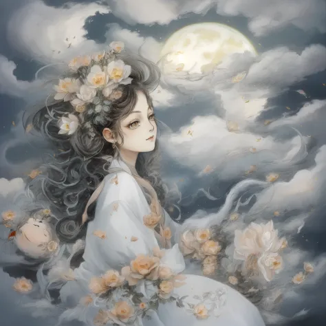 yamazawa， themoon， clouds， skysky， smart rabbit，painting of a（curly）， natta， jewely， traditional media，  fresh flowers，
high hig...