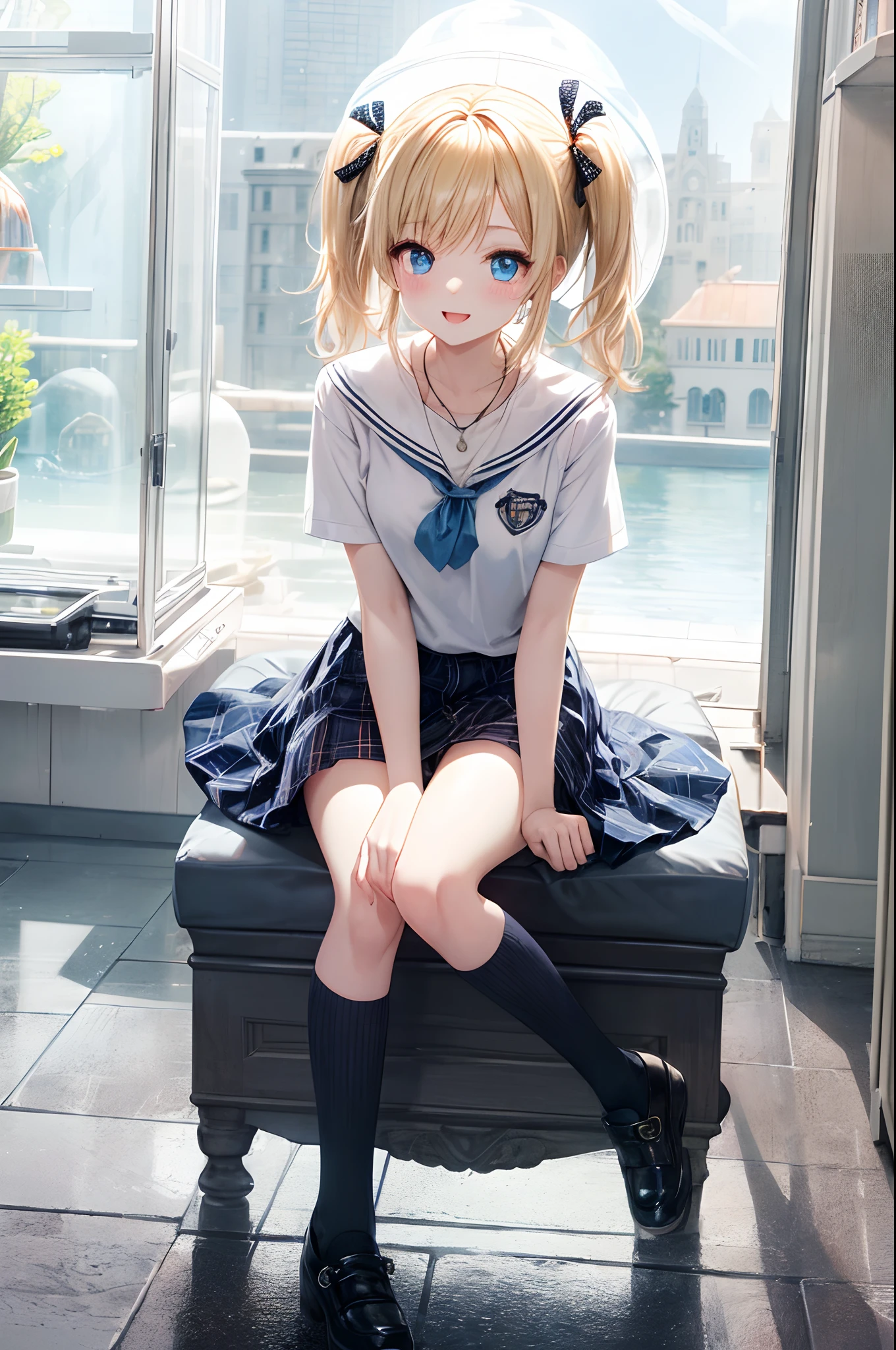 absurderes, ultra-detailliert,bright colour, extremely beautiful detailed anime face and eyes, (Aquarium Date),Gaze at the aquarium,view straight on, ;D, shiny_skin,25 years old, , (Light white uniform、Black socks、plaid skirts)、(Short hair, , asymmetrical bangs, Blonde hair with short twin tails):1.2,Shiny hair, Delicate beautiful face, red blush、(Deep Blue Eyes:1.3)、Small necklace、(Domed building:1.4)、a lot of people