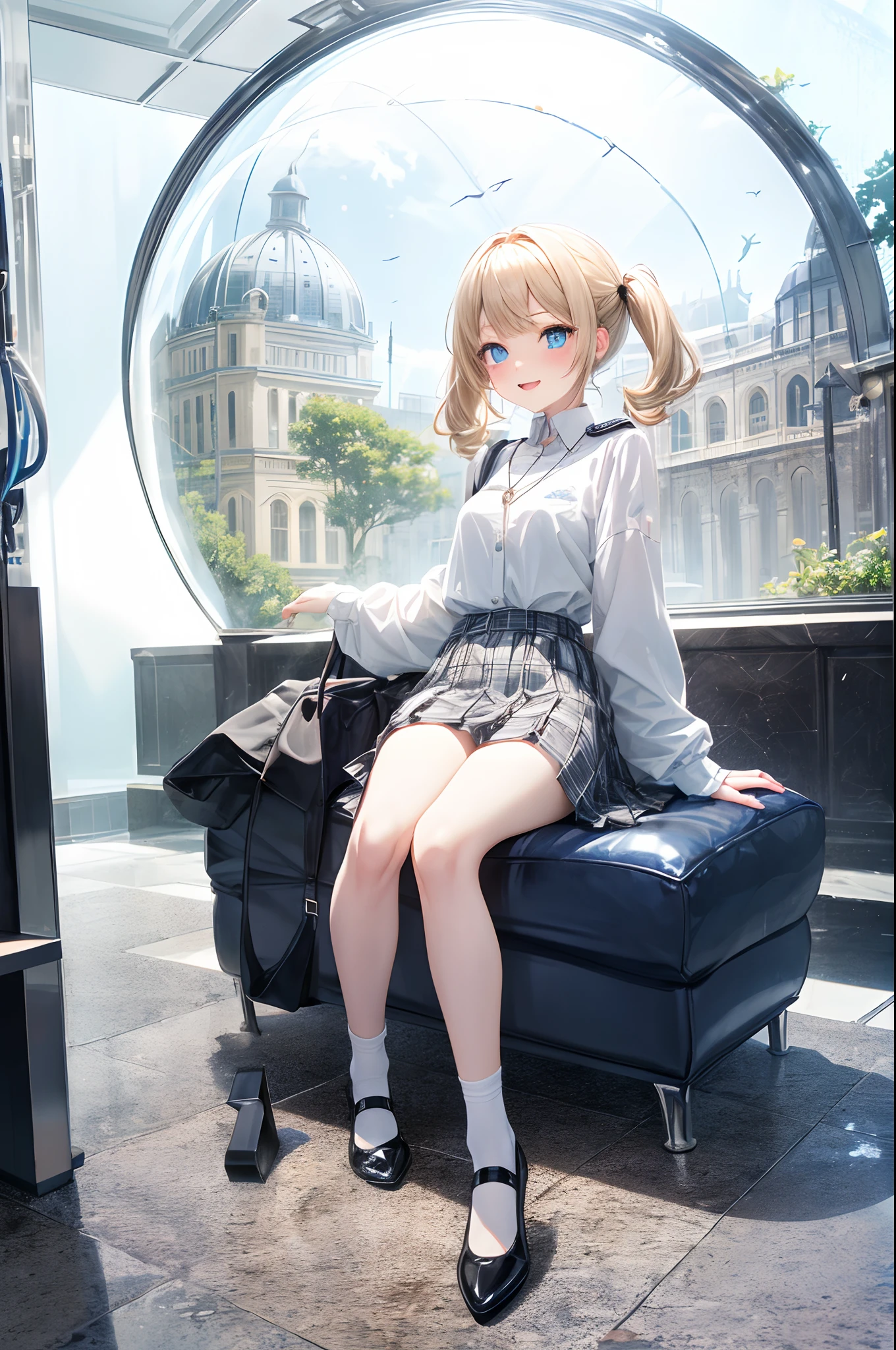 absurderes, ultra-detailliert,bright colour, extremely beautiful detailed anime face and eyes, (Aquarium Date),Gaze at the aquarium,view straight on, ;D, shiny_skin,25 years old, , (Light white uniform、Black socks、plaid skirts)、(Short hair, , asymmetrical bangs, Blonde hair with short twin tails):1.2,Shiny hair, Delicate beautiful face, red blush、(Deep Blue Eyes:1.3)、Small necklace、(Domed building:1.4)、a lot of people