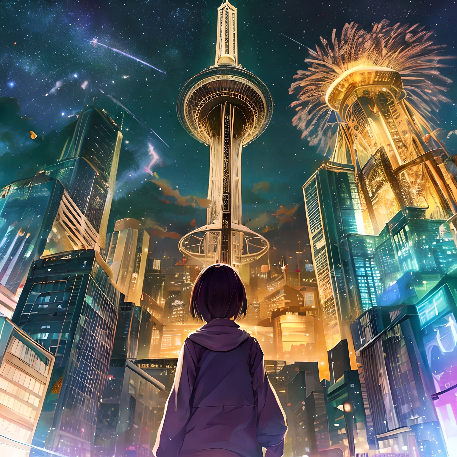 Isekai Agulha Espacial、Agulha Espacial of the near future、Agulha Espacial、marco、nuvens de trovão、relâmpago、trovão, fundo roxo simples,　Agulha Espacial floating in the night view of Seattle、arte de fantasia, The glowing Agulha Espacial、Mundo de fantasia da paisagem urbana de Seattle、de baixo, sence noite, Vista noturna da cidade, Composition with emphasis on the presence of the Agulha Espacial、