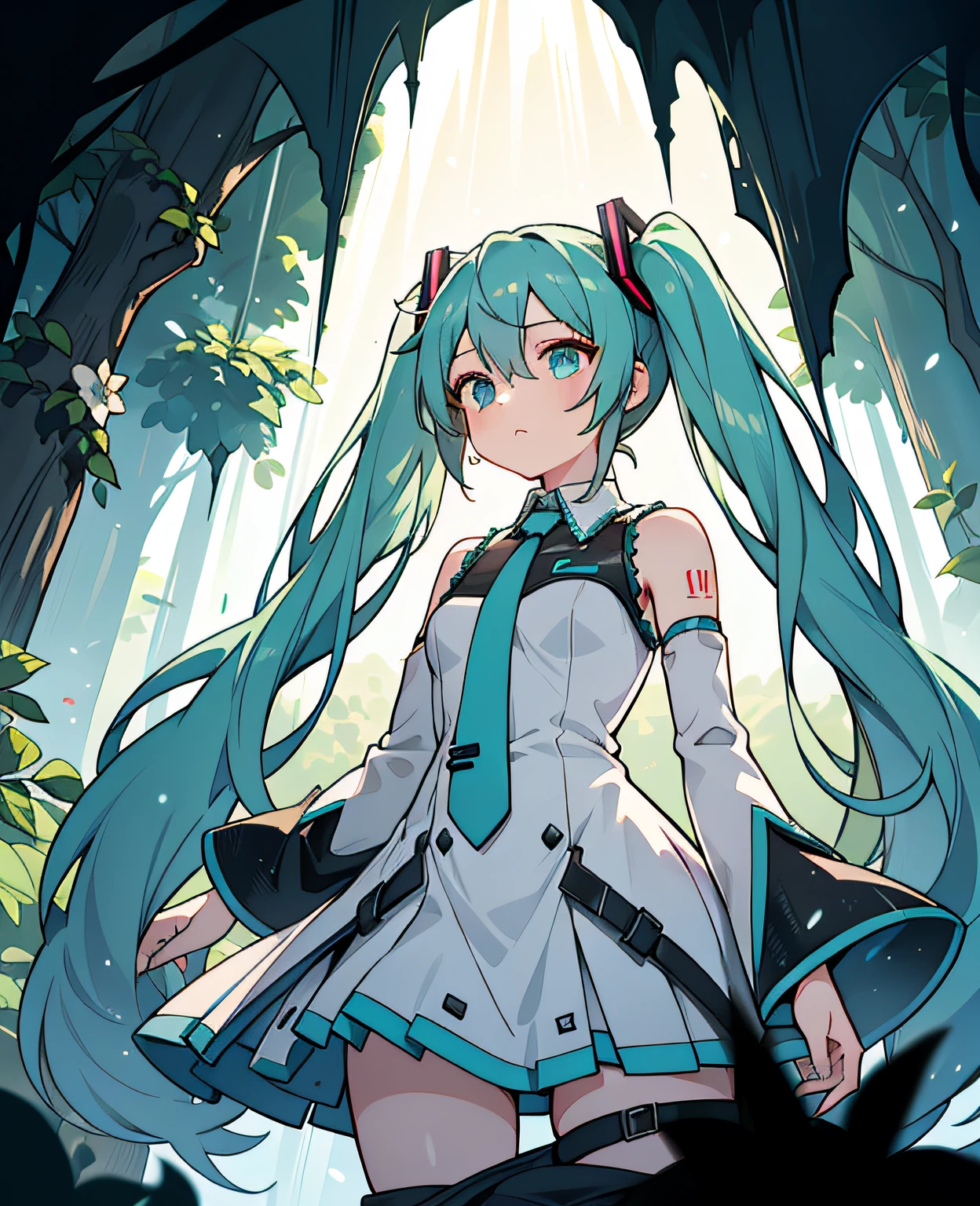 Inside a dark cave，There is an opening at the top, Zenith lighting, Bright plants gently illuminate the surroundings in green tones, Thick thighs, Wide hips, Mature female, (Dramaticlight:1.3), 
woman, Hatsune Miku, Solo, dress, flower, Long hair, White dress, double tails, Very long hair, Wherevershegoes