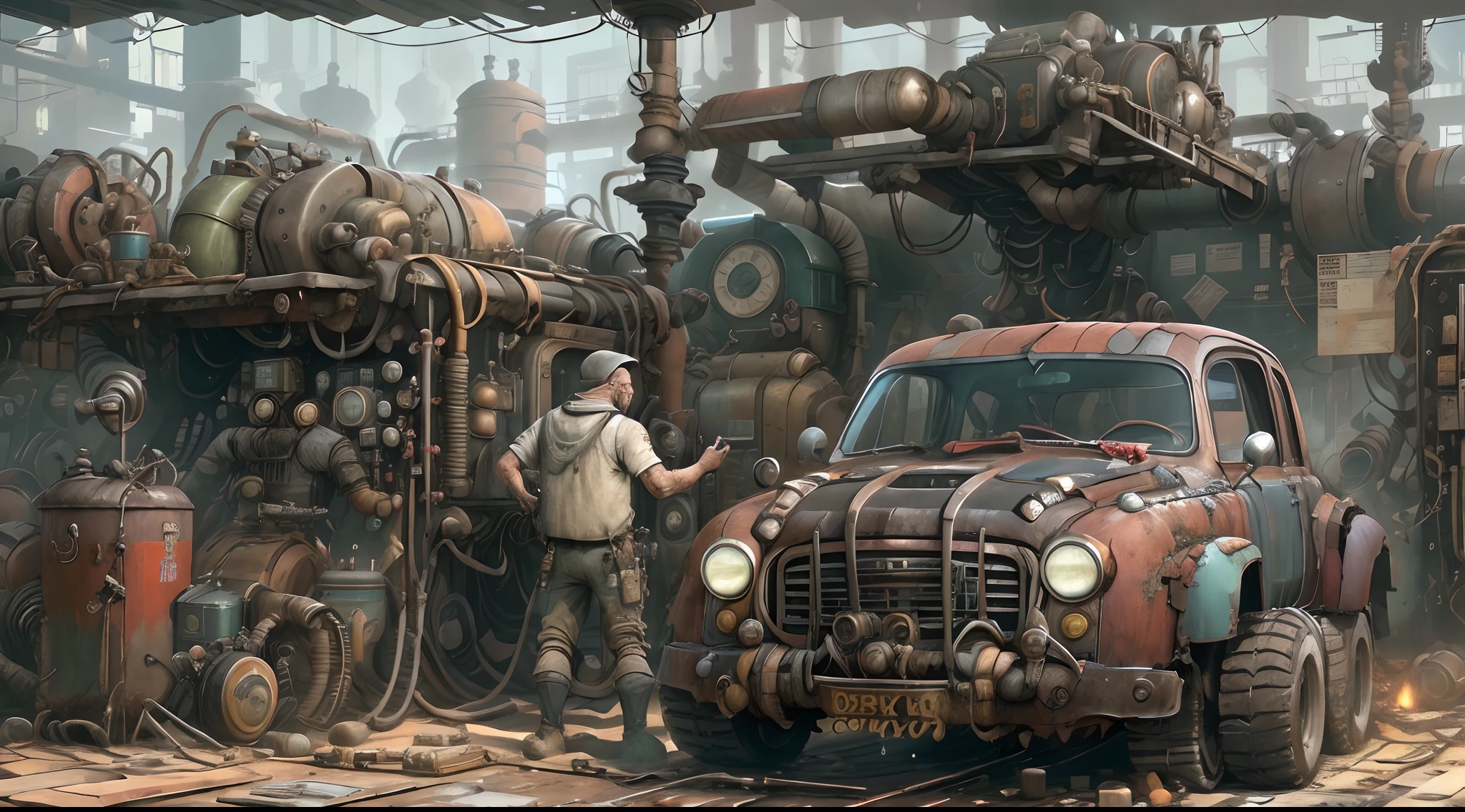 Diesel punk AI spacious repair shop