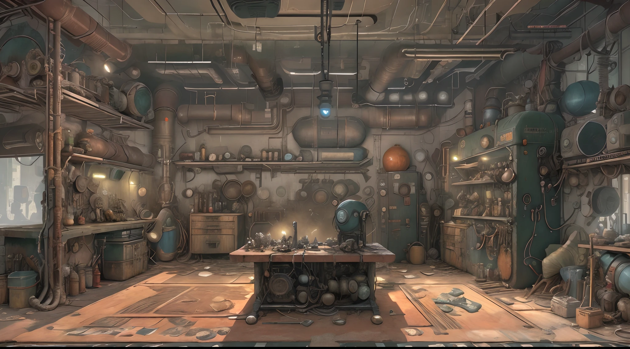 Diesel punk AI spacious repair room