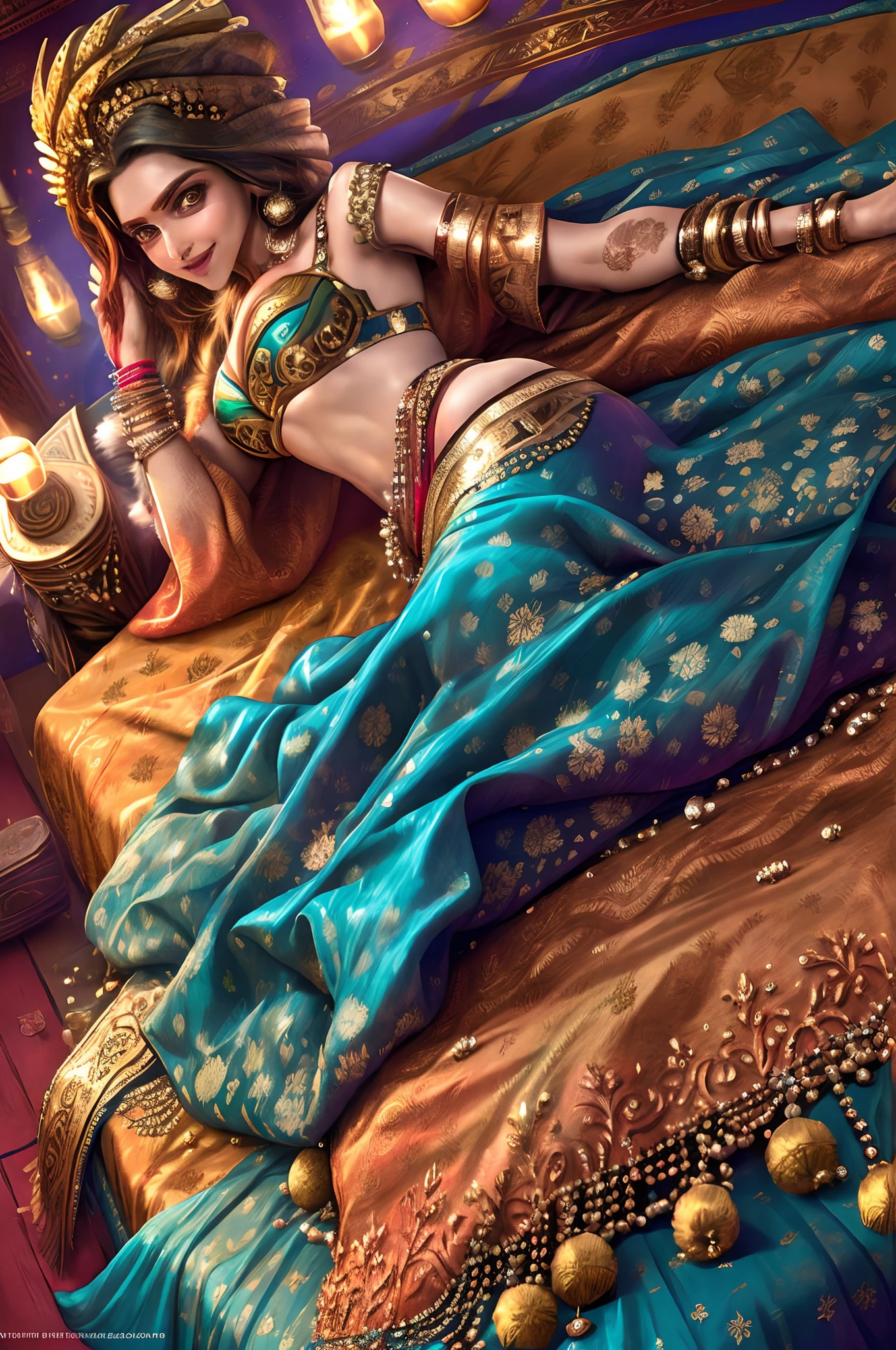 الممثلة الهندية ديبيكا بادوكون ترتدي الساري النابض بالحياة وهي مستلقية على السرير بشكل مغر, يبتسم