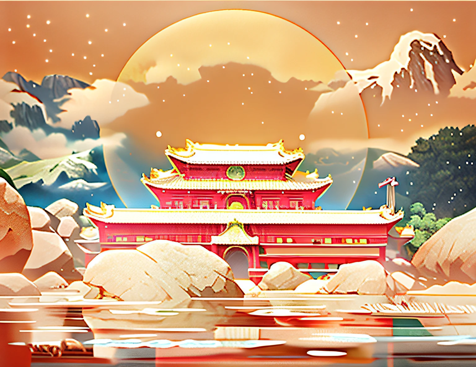 Al fondo hay un cartel con una grúa y un edificio., tendencia en cgstation, inspirado por Huang Gongwang, obra de arte al estilo de z.Mostrar en el. gu, Hermosa representación de la dinastía Tang., 8K, 8k&#39;&#39;, Una hermosa ilustración artística., estilo artístico g liuliano, pintura de estilo chino, inspirado por Gong Xian, Inspirado por Dong Yuan