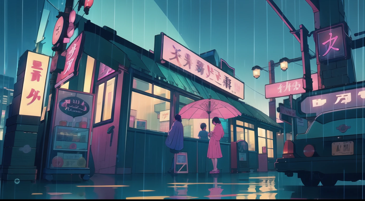 Rain-soaked street, Colorful umbrellas dot the cityscape with blue and pink splashes. Neon sign in retro style、Reflection of wet pavement, Establishment of the Lower Urban Symphony. Soft piano melodies set the mood, Evokes a calm and meditative atmosphere. a person々Flock to a cozy café, While the rain is dancing outside、Drink hot drinks, Turn the city into a serene lofi,motor bikes