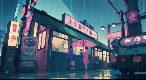 Rain-soaked street, Colorful umbrellas dot the cityscape with blue and pink splashes. Neon sign in retro style、Reflection of wet...