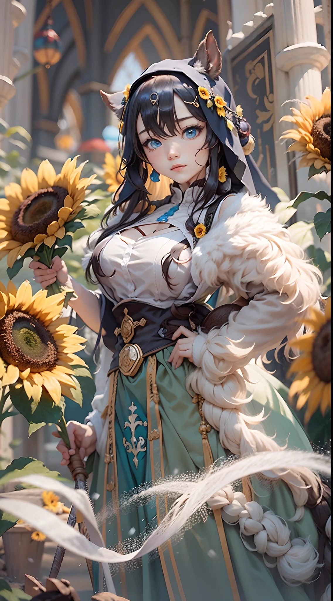 En una escena muy grandiosa，La lente gran angular extra grande captura la apariencia de una centauro femenina.。Es una monja adoradora de girasoles，Siempre opuesto（Un títere de girasol tejido 9.9）ORACIÓN。Ella es alta，Tiene la máxima belleza con curvas.，Los músculos son delgados y firmes.，Hermosas lineas。Ella tiene（Ojos azul cielo súper enormes.：99.99）、Siempre（usando gafas sexys：6.66）、（Viste traje solemne de monja.：9.9）、Pisar una bota de tacón tipo rascacielos、Una cruz rosa cuelga de su pecho.。Utilice las herramientas avanzadas de Midjourney，Diseñado para centauros hembra（一个针织太阳花布偶并在花盘中心创造一张超级治愈的emoji😊笑脸：99.99），y trajes de monja nobles y solemnes，y resaltar sus características fisiológicas únicas y detalles de apariencia.，Añade realismo。Y en el contexto de sus oraciones y escucha de confesiones，Espectaculares vistas de la naturaleza.，Como el cielo donde se alternan tormentas y días soleados.、Brillantes ríos de estrellas y auroras.、La cumbre nevada del monte Everest、Fuegos artificiales en el pueblo de montaña., etc.。al mismo tiempo，Alejado del bullicio junto a la ermita，Crea una escena fantástica。Utilice las herramientas avanzadas de Midjourney and multiple color palettes、Pinceladas、Herramientas de textura y paquetes de modelos.，Muestra una sensación de atmósfera donde conviven la belleza y el encanto.。El encanto de la centauro femenina se resalta a través del color y las líneas.，Mejora el realismo con detalles，Crea una sensación de ensueño surrealista。Además，Usa las herramientas de Midjourney para agregar varios accesorios y libros de exorcismo a la centauro femenina.、pergaminos，Crea peinados y atuendos complejos，Dale una sensación de prima。ella nunca se inmuta，No importa qué monstruo encuentres，puede responder rápidamente，Incluso los ejércitos más extremos de desastres naturales y monstruos no pudieron detenerla a ella ni a su frente.（Girasol con efecto Tyndall que emite luz solar9.99）。Utilice las poderosas herramientas de Midjourney，Puedes hacerlo con increíble detalle y belleza.，Da vida a esta grandiosa y hermosa escena。Escenas ultra grandiosas，tiro súper amplio， hdr，（Realismo，calidad de obra maestra，la mejor calidad），