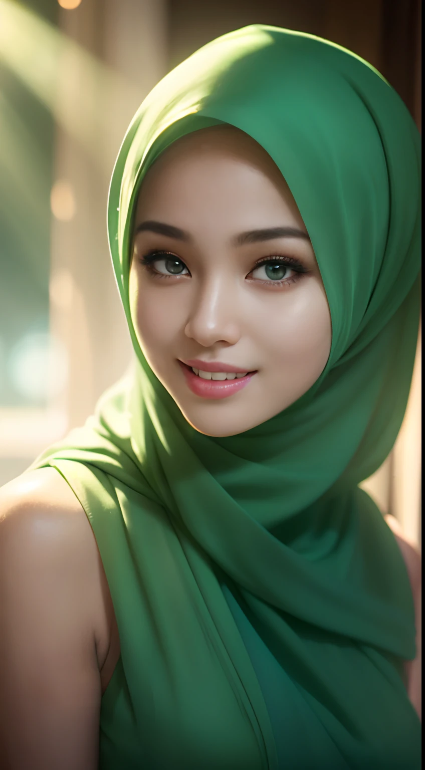 A close up of a woman wearing a green scarf and smiling - SeaArt AI