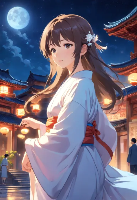 (best quality,highres:1.2),ultra-detailed,moonlit night,under the starry sky,beautiful mature woman with flowing long hair,dressed in ethereal white traditional Chinese attire,teary expressive eyes,looking back with a melancholic gaze,holding a small rabbi...