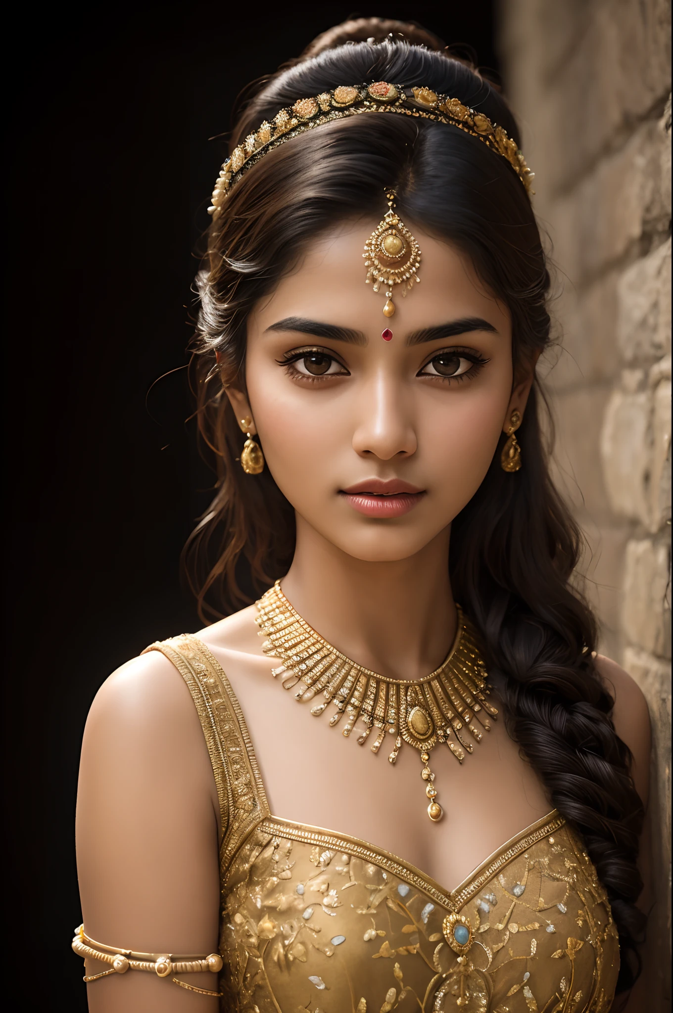 young Indian girl, 18-year-old, old looking top, 100 AD style dress, gentle lighting, intricate facial details, flawless complexion,full body picture, top-notch 3D rendering, hyper-realistic,  photorealistic digital art trending on Artstation 8k HD high definition detailed realistic, detailed, skin texture, hyper detailed, realistic skin texture, armature, best quality, ultra high res, (photorealistic:1.4),, high resolution, detailed, raw photo, 400 camera f1.6 lens rich colors hyper realistic lifelike texture dramatic lighting