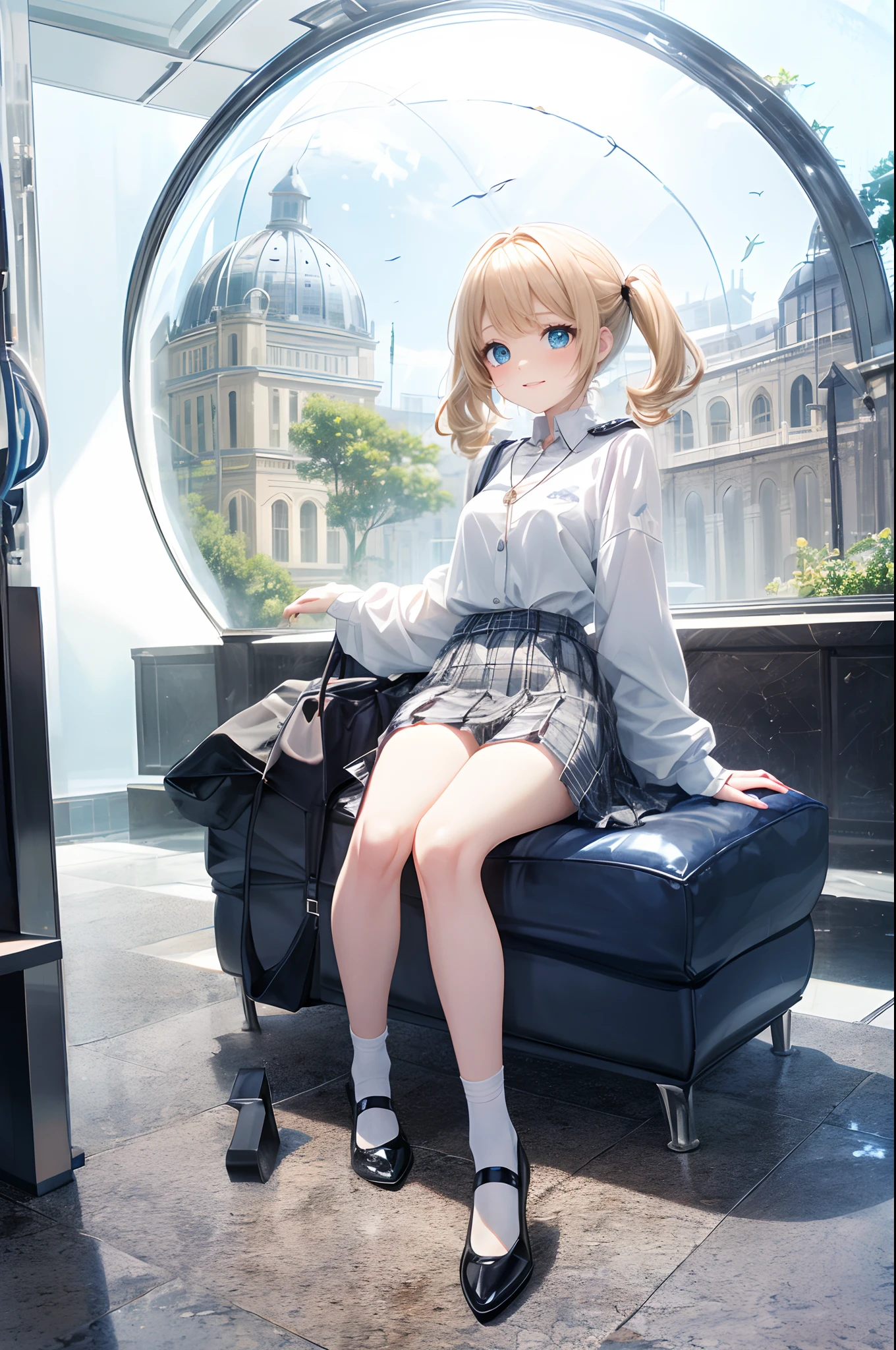 absurderes, ultra-detailliert,bright colour, extremely beautiful detailed anime face and eyes, (Aquarium Date),Admire the aquarium,view straight on, ;D, shiny_skin,25 years old, , (Light white uniform、Black socks、plaid skirts)、(Short hair, , asymmetrical bangs, Blonde hair with short twin tails):1.2,Shiny hair, Delicate beautiful face, red blush、(Deep Blue Eyes:1.3)、Small necklace、(Domed building:1.4)、a lot of people