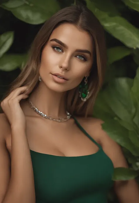 A woman with long hair wearing a green dress and earrings - SeaArt AI