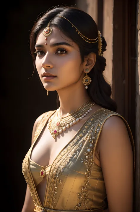 young indian girl, 18-year-old, old looking top, 100 ad style dress, gentle lighting, intricate facial details, flawless complex...