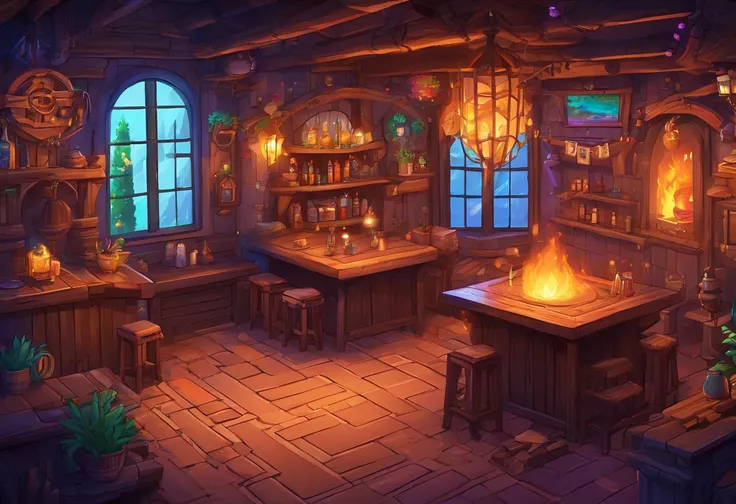 fantasy tavern interior, space tavern, rustic, artifacts on the walls ...