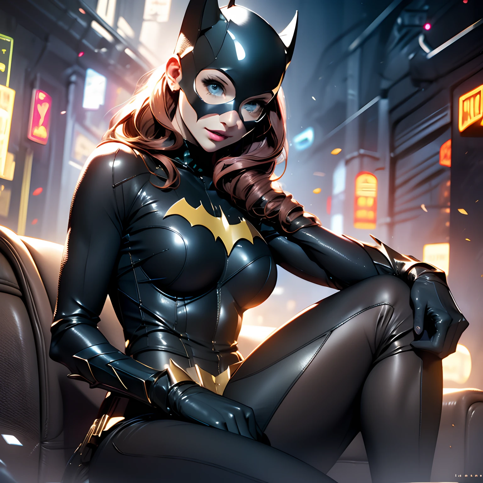 Catwoman,  Masterpiece, Ultra Fine Photo, batgirl mask, Best Quality, Ultra High Resolution, Photorealistic, Sunlight, Full Body Portrait, Stunningly Beautiful,, Dynamic Poses, Delicate Face, Vibrant Eyes, (Side View) , she wears futuristic Batman costume, skinny leather pants, big breasts, cleveage, underboob, visible bellybutton,turtleneck top, off shoulders, sitting on a leather sofa, very detailed background, detailed face, detailed busy background, messy, gorgeous, Milky white, high detailed skin, realistic skin detail, visible pores, sharp focus, volumetric fog, 8k uhd, dslr, high quality, film grain, fair skin, photorealism, lomography, in a future dystopia sprawling metropolis, seen from below, translucent
