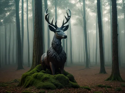 forest angel statue landmark, unique futuristic landmark statue, dark forest, a deer, realistic image, fog, horor movie syle, go...