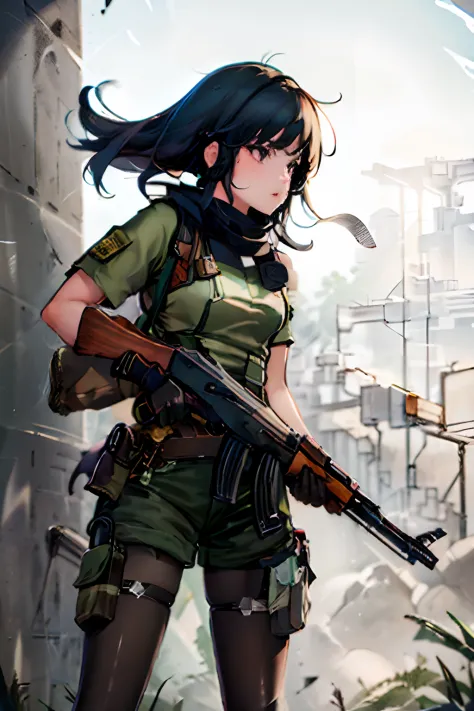 ((best quality)), ((masterpiece)), ((high res)), 1girl, muslim, brown eyes, full body, gloves, black hair, gun, holding and aimi...