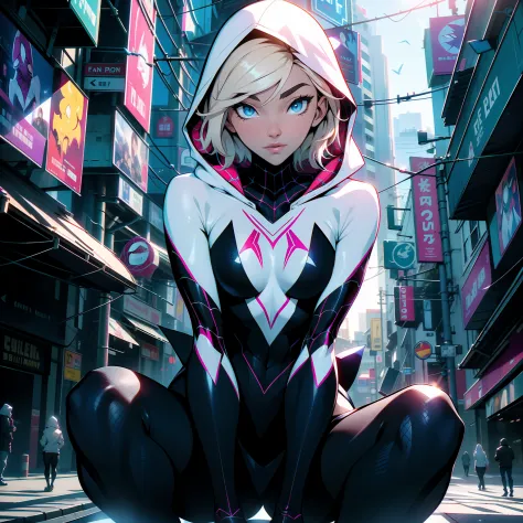 (masterpiece, best quality), (detailed face and eyes) SpiderGwen, Gwen, Ghost Spider, medium breasts, beautiful girl,mains entre...