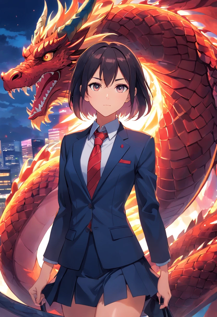 anime girl in a suit and tie with a dragon in the background, dragon -  inspired suit, by Yang J, human and dragon fusion, pretty Japanese demon  girl - SeaArt AI