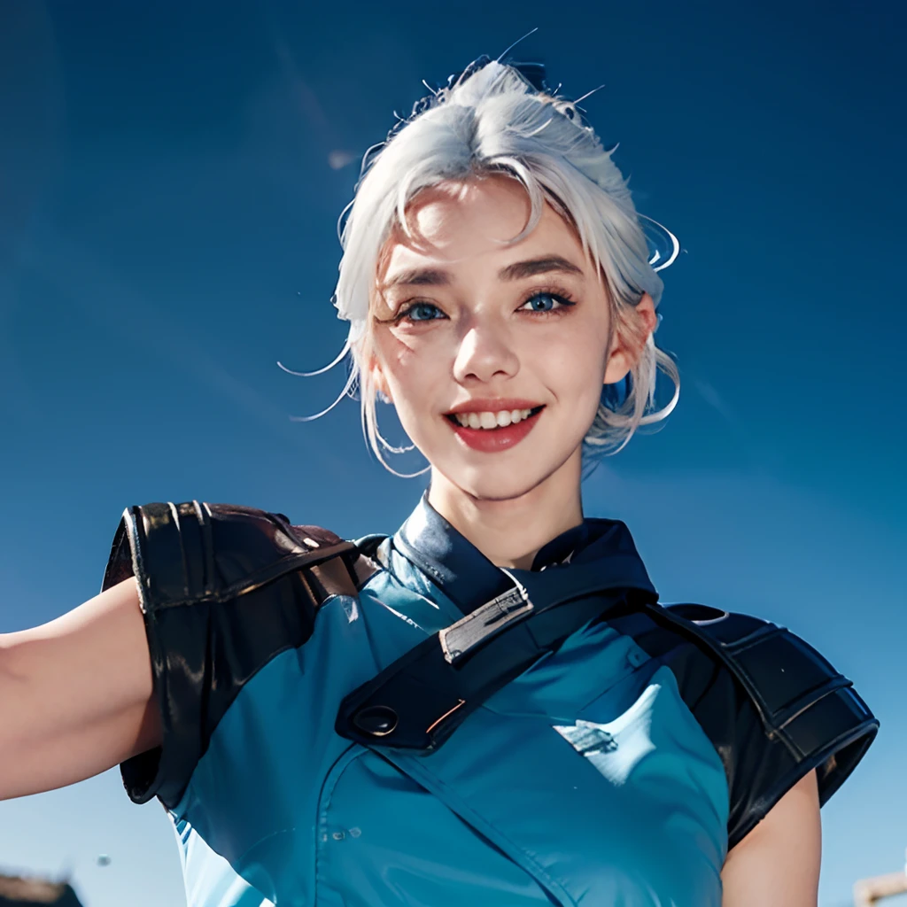 jett, upper body, 1girl, solo, blue eyes, gloves, masterpiece,best quality, masterpiece, smiling, bright lighting, vivid colors, white hair