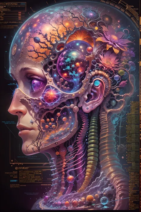 Fantasy00d Technical Diagram, Info graphic, Charts, of A Cosmic Anatomical Human Head, Info Graphic, Scientific, Data Diagram, Nervous System, Galaxy, Vibrant Colors, Midnight Aura, Ultra Detailed, H.R. Giger, Max Ernst, Thomas Kinkade, Robert Gonsalves, d...