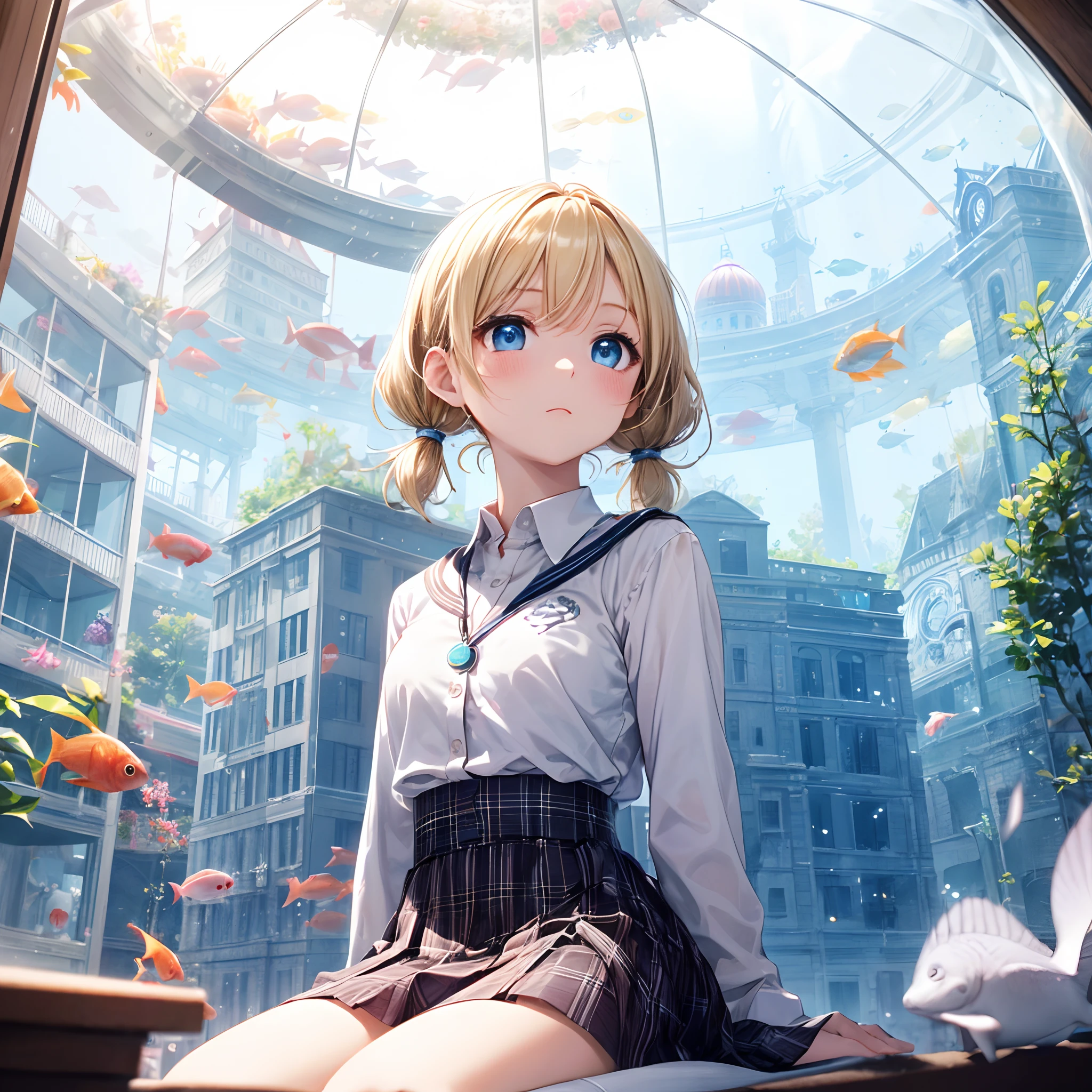 absurderes, ultra-detailliert,bright colour, extremely beautiful detailed anime face and eyes, (Aquarium Date),Gaze at the aquarium,(looking away), A lot of fish are swimming in the aquarium,shiny_skin,25 years old, , (Light white uniform、Black socks、plaid skirts)、(Short hair, , asymmetrical bangs, Blonde hair with short twin tails):1.2,Shiny hair, Delicate beautiful face, red blush、(Deep Blue Eyes:1.3)、Small necklace、(Domed building:1.4)、a lot of people