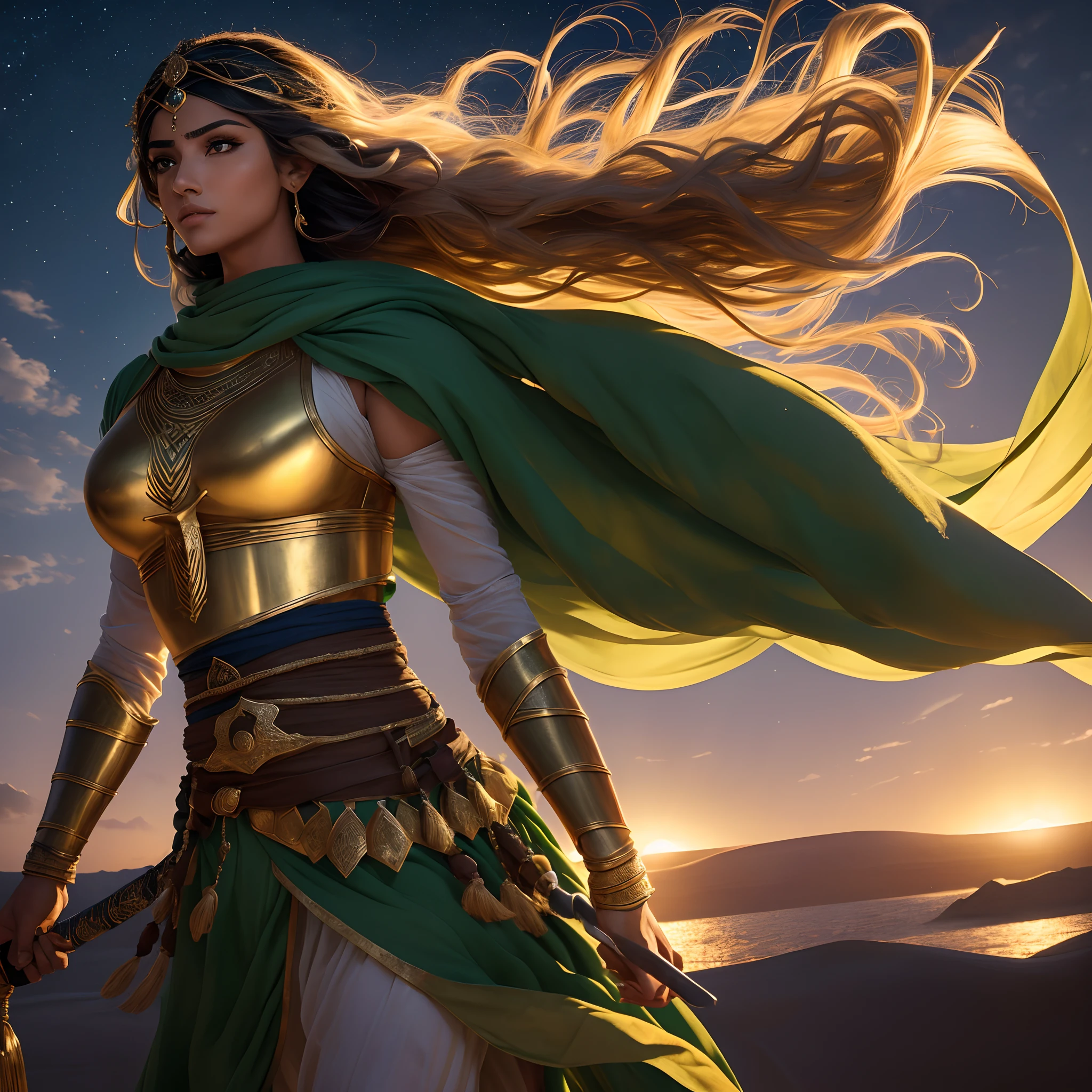 ( obra-prima ), ( UHD ), ( perfect  lighting ), ( Construction of the body of delicate character ), ( Simetria do rosto da personagem perfeitos ), ( 8k ), A beautiful Arab warrior with Arab swords, cabelo liso, olhos verdes, Arab warrior clothing, ( flowing hair there wind ), golden tunic, ( fluttering tunic), Arab scenery at night