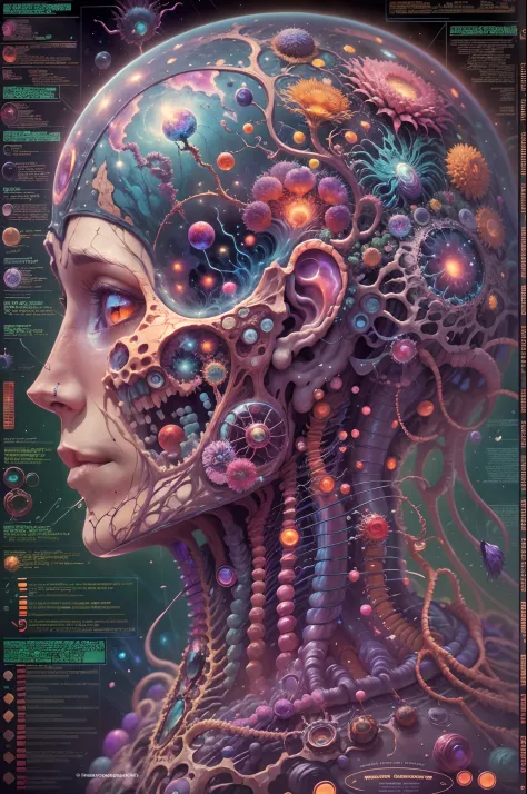 Fantasy00d Technical Diagram, Info graphic, Charts, of A Cosmic Anatomical Human Head, Info Graphic, Scientific, Data Diagram, Nervous System, Galaxy, Vibrant Colors, Midnight Aura, Ultra Detailed, H.R. Giger, Max Ernst, Thomas Kinkade, Robert Gonsalves, d...