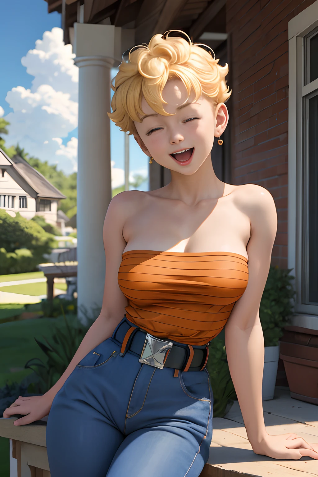 masterpiece, best quality, panchy, orange shirt, strapless, belt, blue pants, upper body, surprised, open mouth, closed eyes, happy, smile, large breasts, porch, sitting, sky, clouds, house, hands on own legs